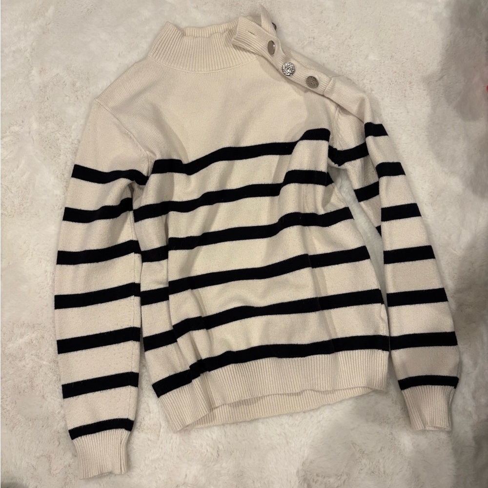 Cream and Black Striped Sweater with Button Detail